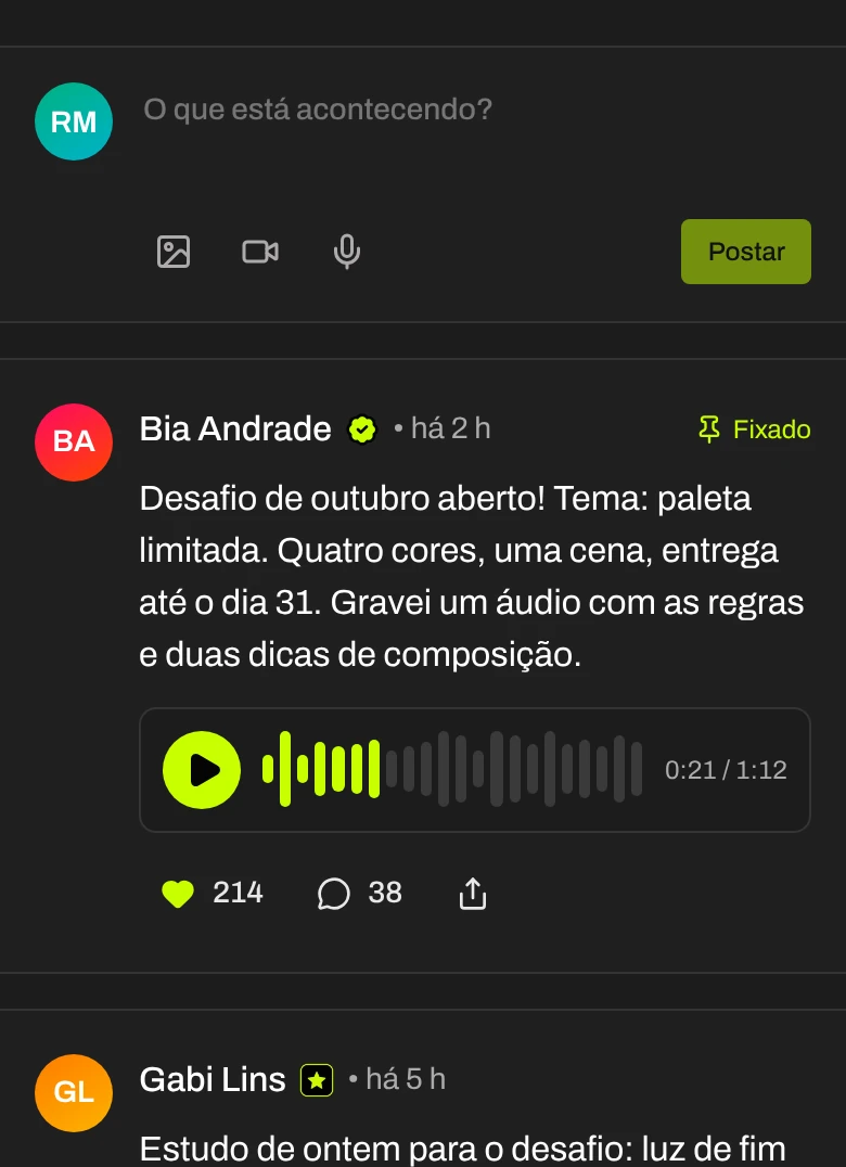 Feed da comunidade Traço Livre, de ilustração, com post fixado do desafio do mês e ranking de apoiadores em Mivons