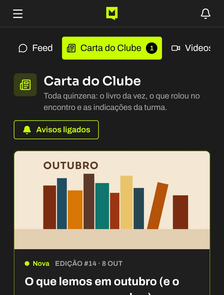 Newsletter Carta do Clube, de um clube de leitura, com a edição 14 de outubro em destaque